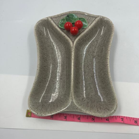 Vintage Speckled Stoneware Pottery Divided Serving Dish Holly Berry MCM Holiday - Picture 2 of 7